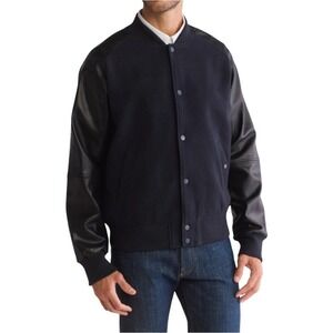 Slate & Stone Mens Black Vegan Leather Trimmed Varsity Bomber Jacket Size Large